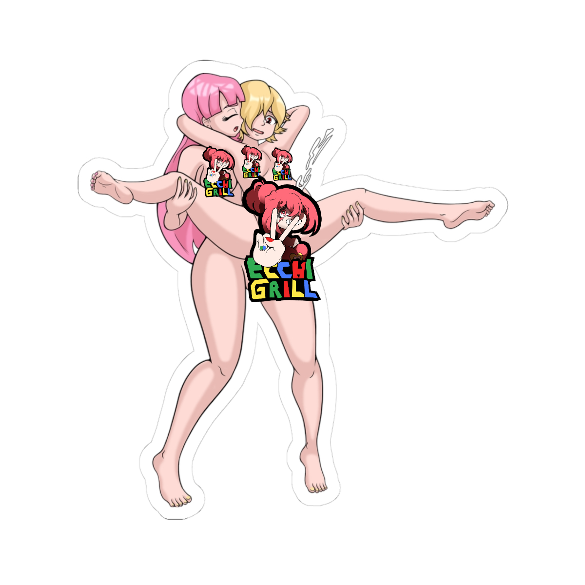 Dominant pink-haired futanari lifting a blonde femboy in full nelson position, her thick veiny cock buried balls-deep in his ass as she climaxes, thick white cum overflowing and dripping heavily down his thighs and balls, femboy's small cock spurting cum hands-free, both nude with flushed aroused faces and spread legs in intense mid-air anal creampie scene.