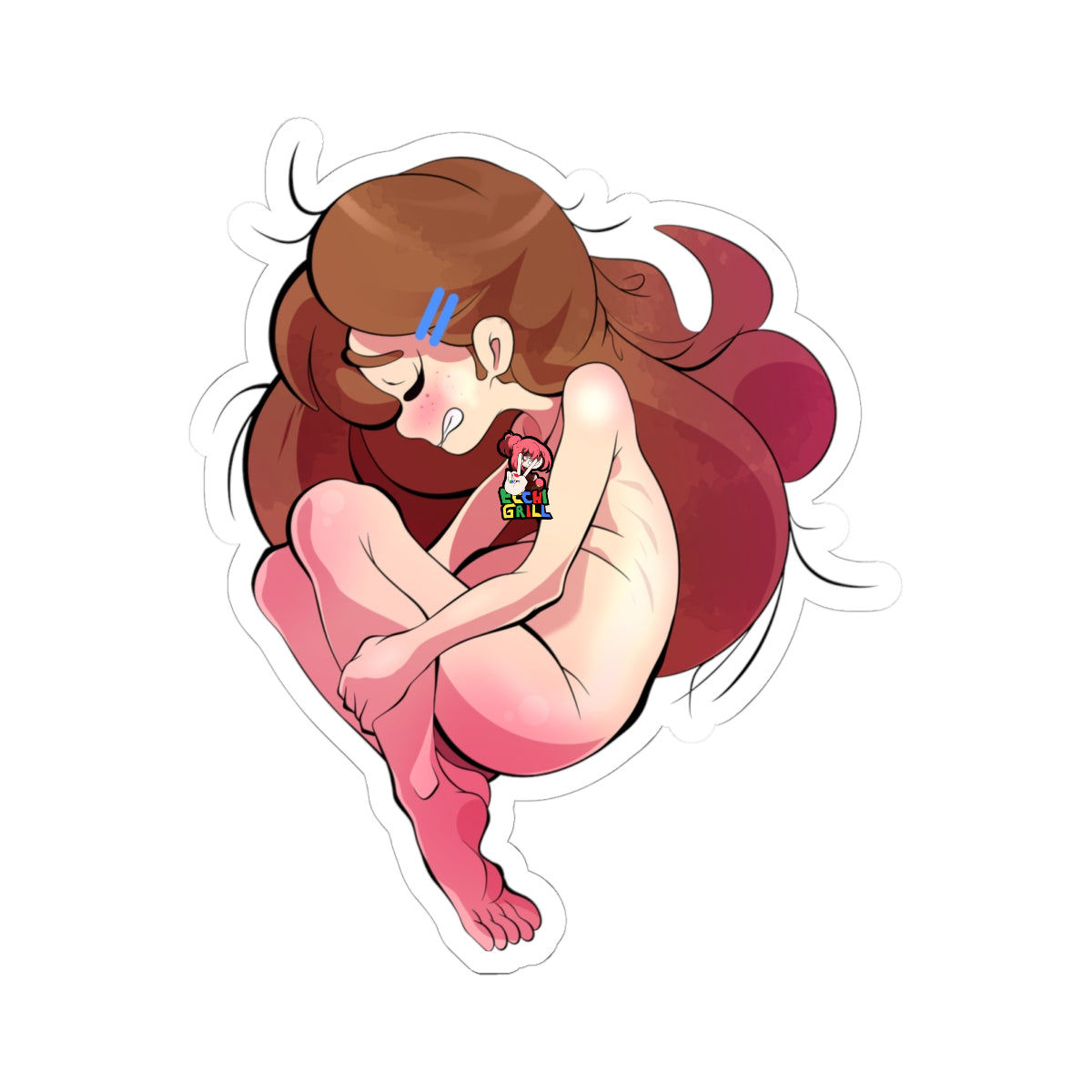 Adorable chibi-style anime girl with brown hair in ponytail, fully nude and curled up in fetal position inside a giant soft plushie toy's belly, blushing teary eyes with blue sweat drops, embarrassed expression as she's engulfed in plush unbirth vore scene, pinkish womb-like interior glow.