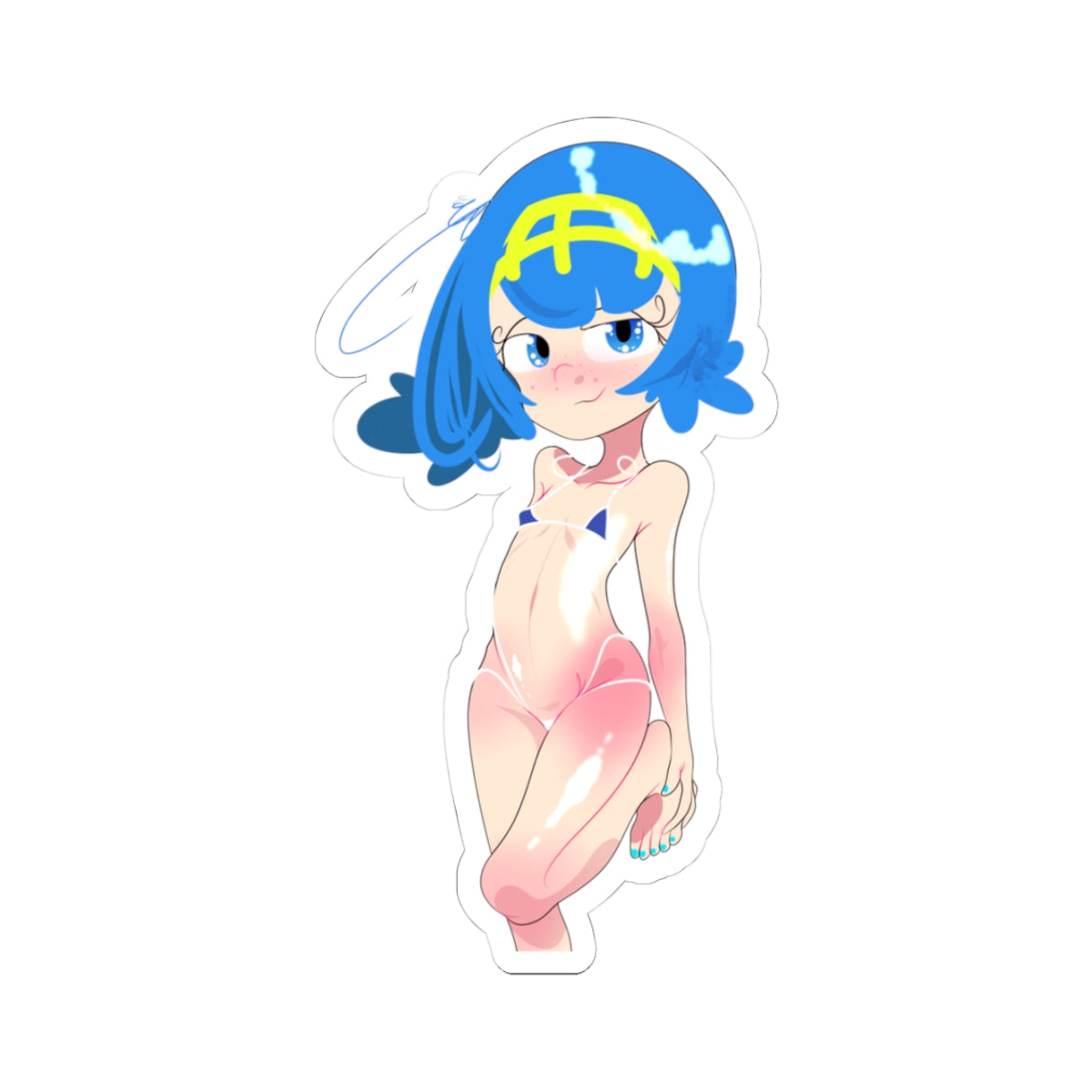 Adorable chibi Pokemon Lana in tiny blue bikini sticker, short blue hair with yellow cap accessory, big blue eyes and blushing expression, one-leg-up kneeling pose flaunting slim curvy body, small breasts, glistening wet skin, black background cutout.