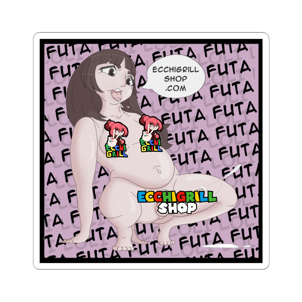 Stick some wild vibes on your gear with this EcchiGrill vinyl sticker! Cheeky pregnant futa cutie squats nude flaunting her thick package – waterproof, durable holographic shine, vibrant colors. Ideal for laptops, water bottles, or bold anime collectors.