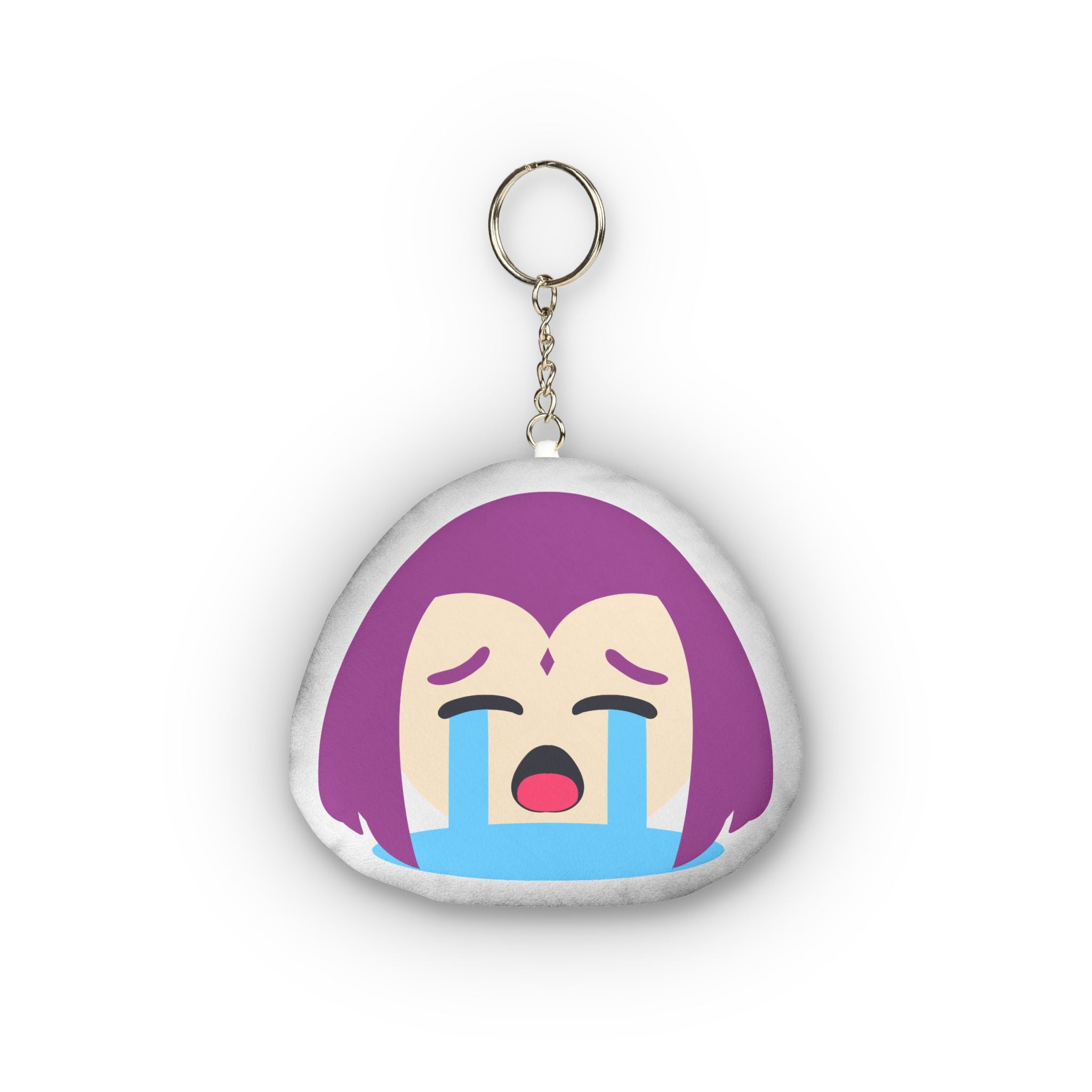 Soft plush keychain depicting an anime girl with short purple hair and forehead jewel, eyes closed tight in ecstatic overload, wide open mouth, heavy cascading blue tears streaming down her flushed cheeks, and exaggerated intense ahegao crying expression on a rounded pillow charm.