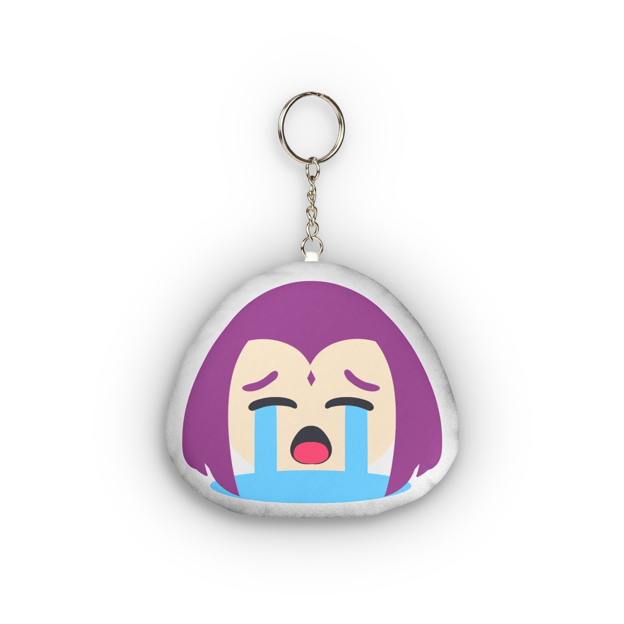 Soft plush keychain depicting an anime girl with short purple hair and forehead jewel, eyes closed tight in ecstatic overload, wide open mouth, heavy cascading blue tears streaming down her flushed cheeks, and exaggerated intense ahegao crying expression on a rounded pillow charm.