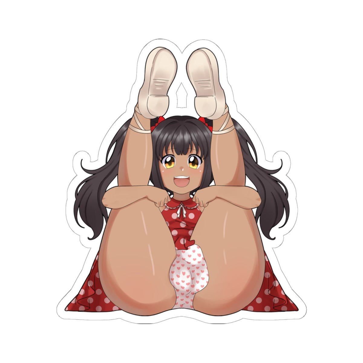 Cute anime futa schoolgirl with long black twin-tails and red bows poses legs-up in POV, wearing red polka-dot dress and tight white heart-patterned panties stretched over prominent thick panty bulge, thick thighs spread wide emphasizing huge plump round ass, excited smiling expression with big golden eyes, bare feet not visible in frame.