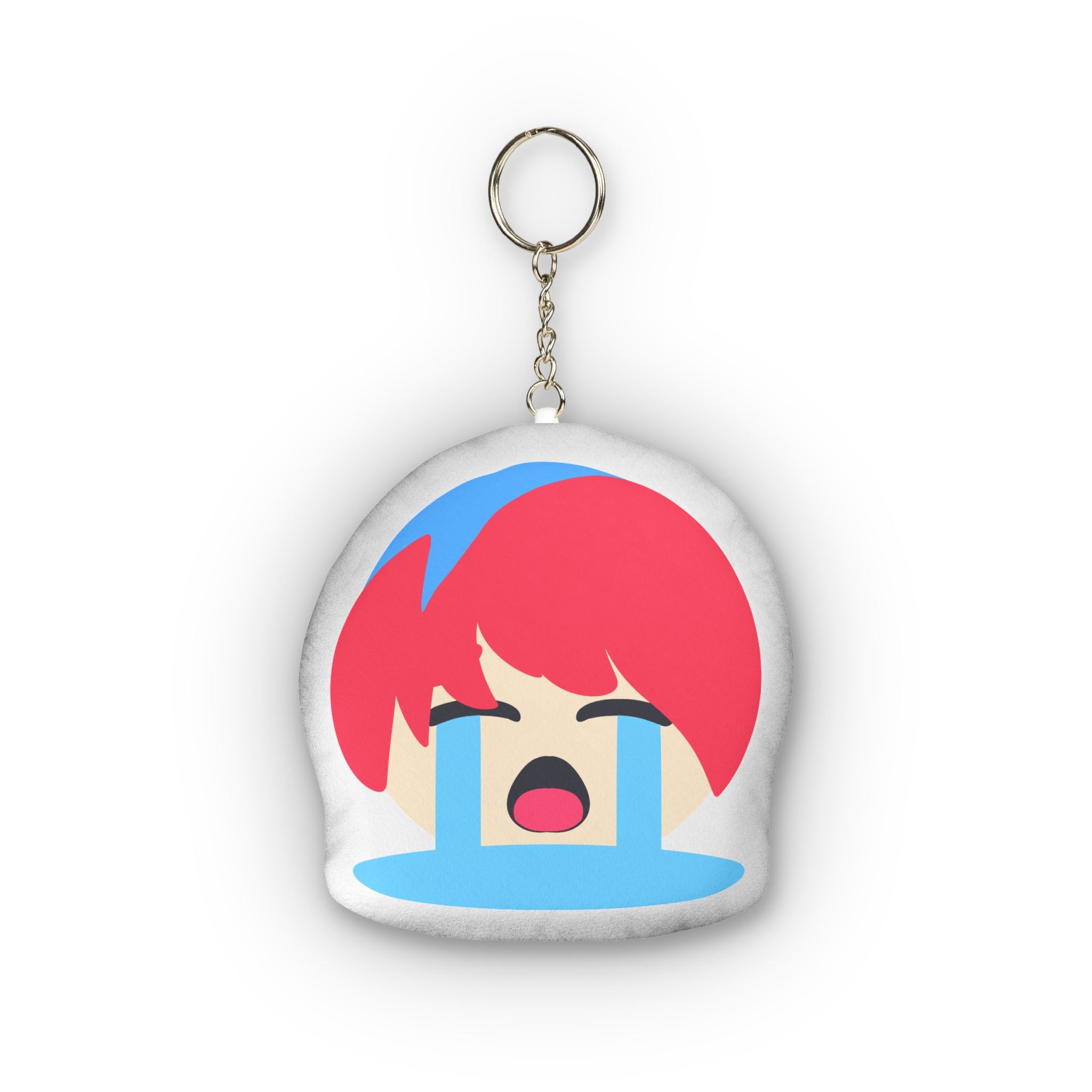 Cute hentai-style plush keychain of anime girl with vibrant red hair and short messy bangs, distressed crying expression with eyes tightly closed, huge dramatic blue tears streaming endlessly down her flushed face, wide open sobbing mouth in exaggerated emotional chibi design.