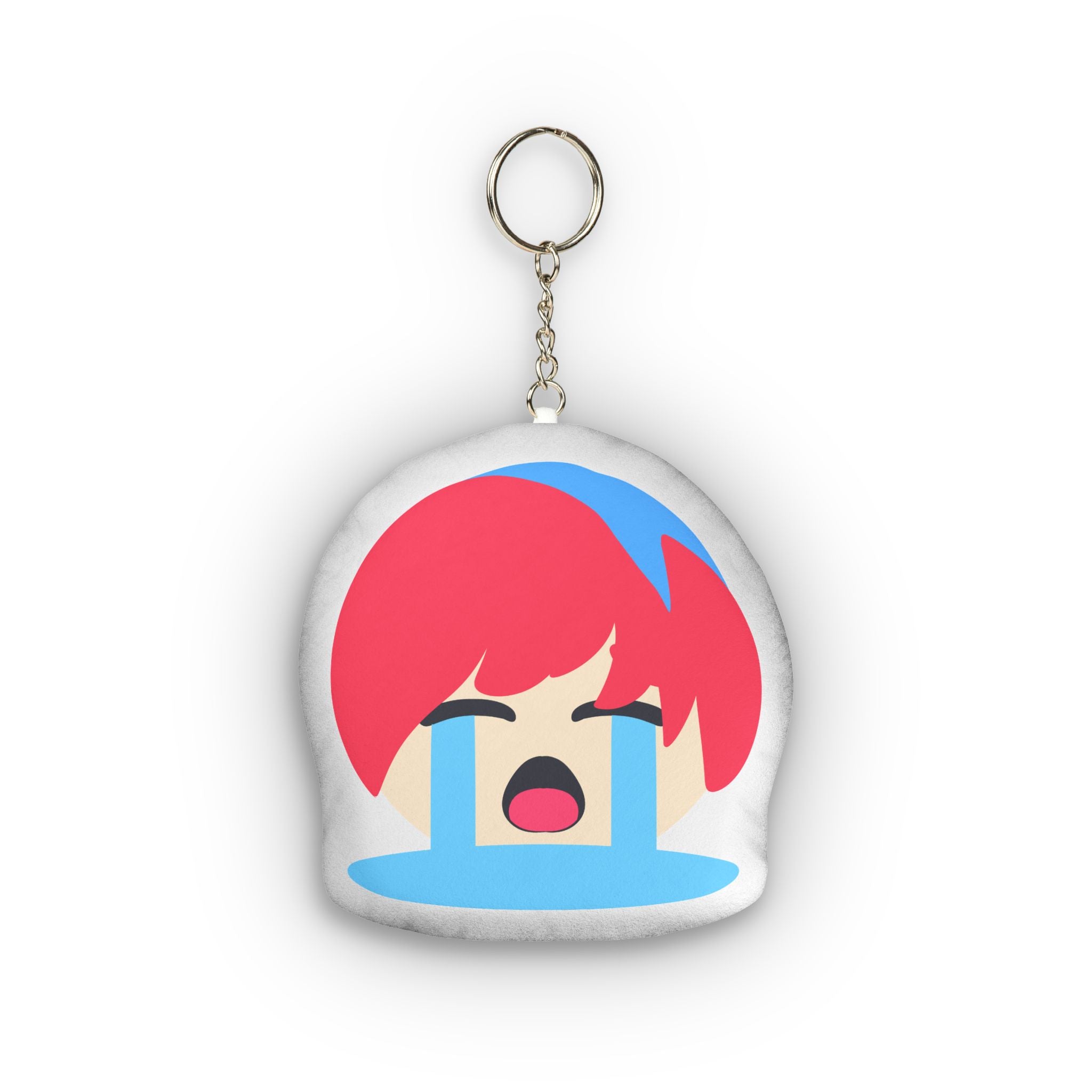 Cute hentai-style plush keychain of anime girl with vibrant red hair and short messy bangs, distressed crying expression with eyes tightly closed, huge dramatic blue tears streaming endlessly down her flushed face, wide open sobbing mouth in exaggerated emotional chibi design.