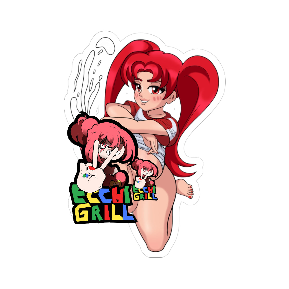 Cute anime redhead futanari girl with long high ponytail, red eyes and blush, wearing red cheerleader crop top, pulling down white panties, huge veiny cock erupting in powerful thick white cumshots spraying upward, heavy balls pulsing, smooth pussy visible below, thick thighs spread in squat pose, aroused smiling expression, explicit detailed hentai cum explosion scene.