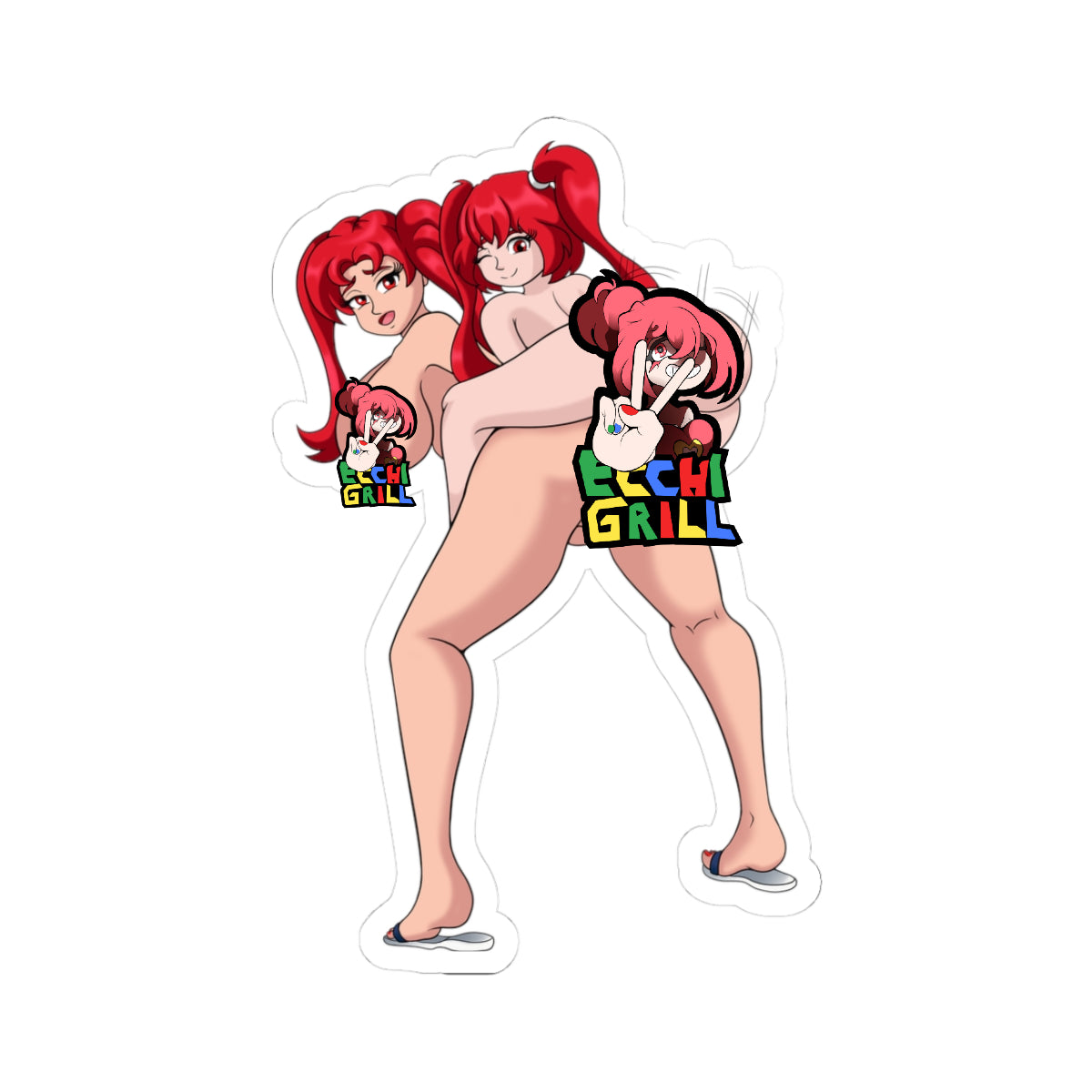 Two identical anime redhead futanari girls with long high ponytails, completely nude, one standing with legs spread carrying and holding up the other sister in a lifted fuck position, massive veiny cocks visible, huge round ass cheeks spread wide, thick thighs and bare feet, aroused playful expressions, explicit detailed hentai style rear carry view.
