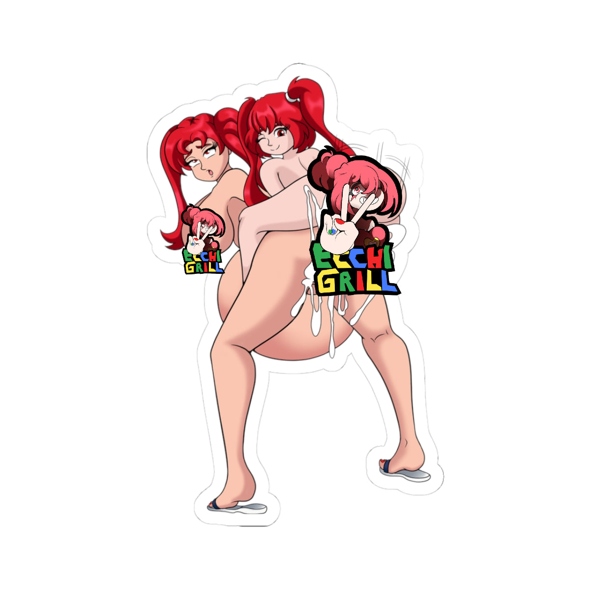 Two identical nude anime redhead futanari girls with long high ponytails, one standing with legs wide carrying and holding up the other sister in a lifted position, massive veiny cocks visible, enormous round ass cheeks spread wide with thick white cum dripping and overflowing from stretched pussy and asshole, cum splattered on thighs and back, aroused ahegao and playful expressions, explicit detailed hentai style rear carry view with heavy creampie aftermath.