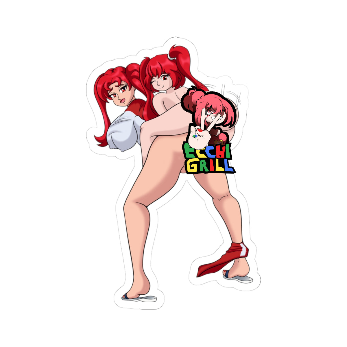 Two identical nude anime redhead futanari girls with long high ponytails, one standing with legs spread carrying and lifting the other sister in a standing fuck position, massive veiny cocks visible, enormous round ass cheeks spread wide with thick white cum overflowing and dripping down thighs, aroused expressions with open mouths and blushes, one wearing red top partially on, red socks and sandals, explicit detailed hentai style rear carry view with heavy creampie mess.