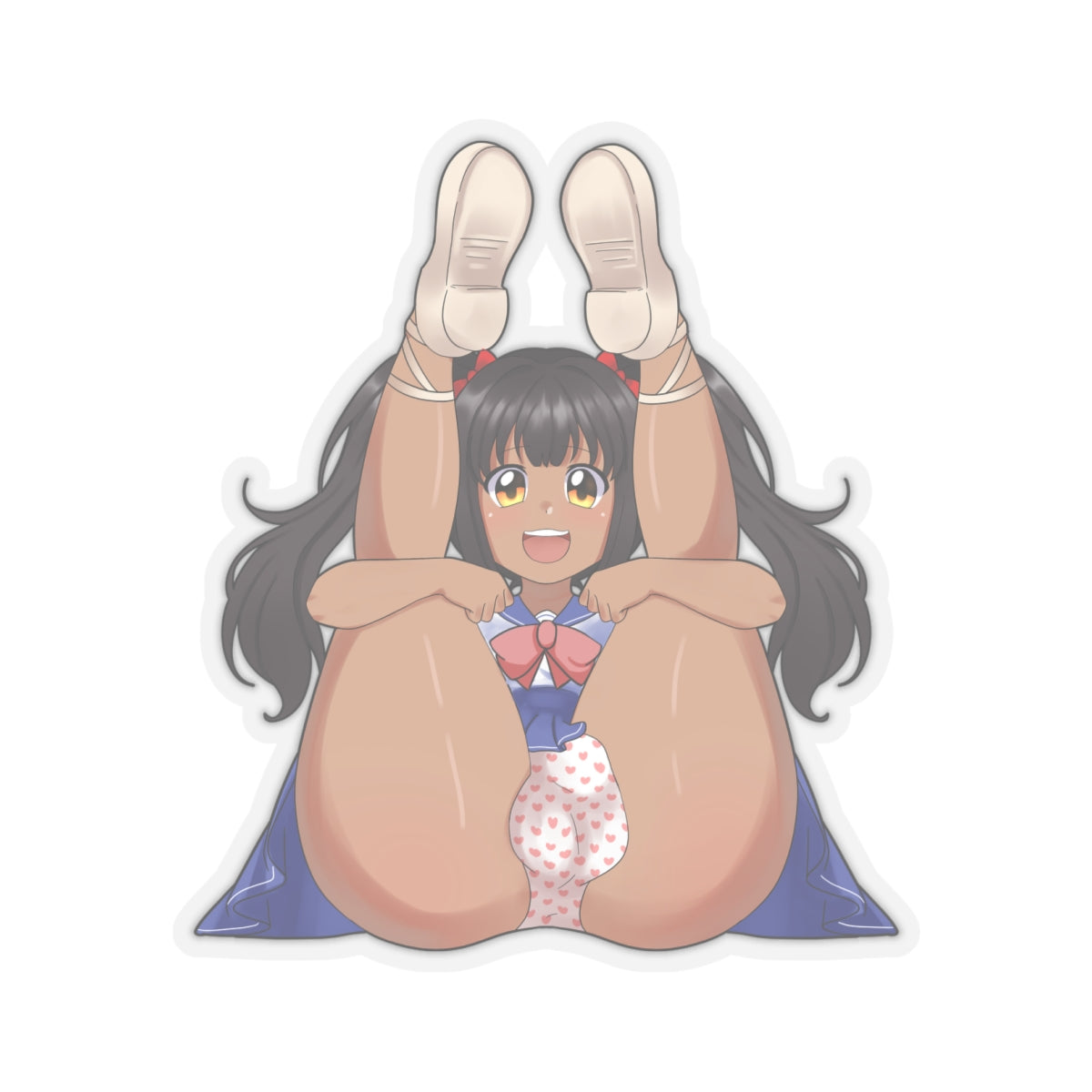Cute anime futa schoolgirl with long black twin-tails tied with red bows poses legs-up in POV, wearing blue sailor uniform with big red bow, tight pink heart-patterned panties stretched over prominent bulge, thick thighs spread wide highlighting plump round ass, excited smiling expression with big golden eyes, feet not visible.