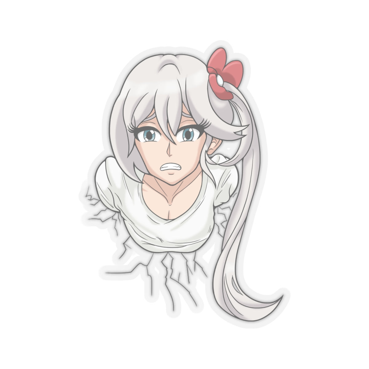 Frustrated anime girl with long silver ponytail and large red bow stuck in wall POV, upper body only visible, wearing tight white top showing deep cleavage, pouting angrily with gritted teeth and glaring blue eyes, slight blush on cheeks, lower half completely hidden behind wall.