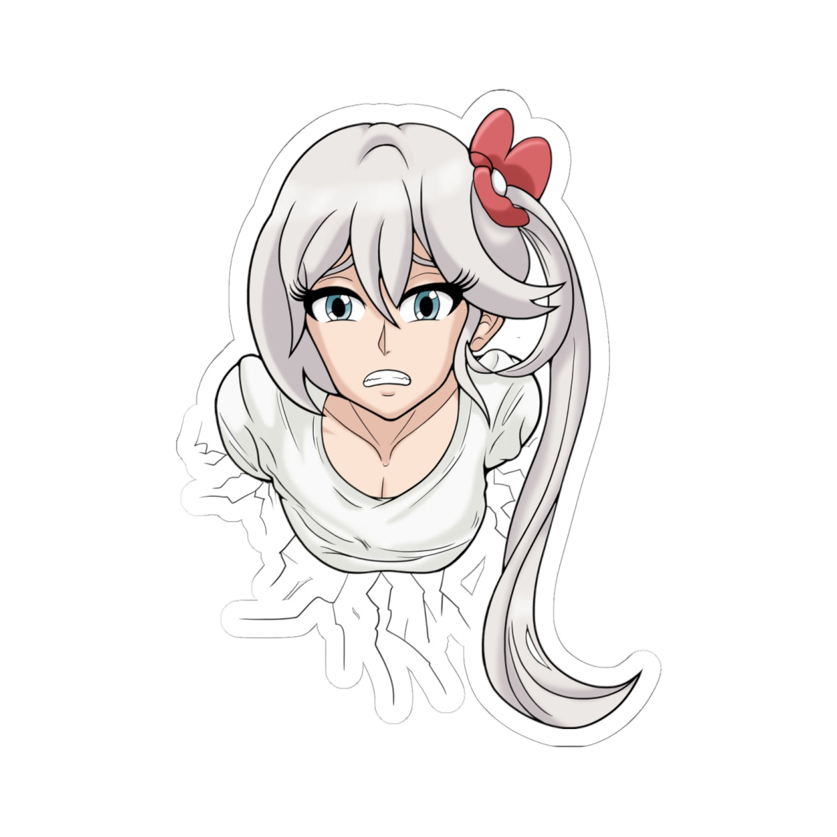 Frustrated anime girl with long silver ponytail and large red bow stuck in wall POV, upper body only visible, wearing tight white top showing deep cleavage, pouting angrily with gritted teeth and glaring blue eyes, slight blush on cheeks, lower half completely hidden behind wall.
