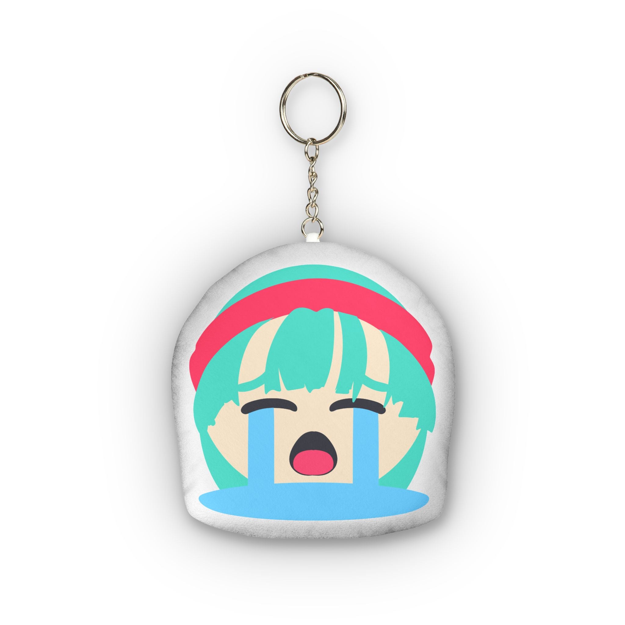 Adorable anime plush keychain featuring a teal-haired girl with red headband, eyes closed in intense pleasure, wide open mouth, massive streaming blue tears flooding down her face, flushed cheeks, and classic exaggerated ahegao crying expression on a soft rounded charm.