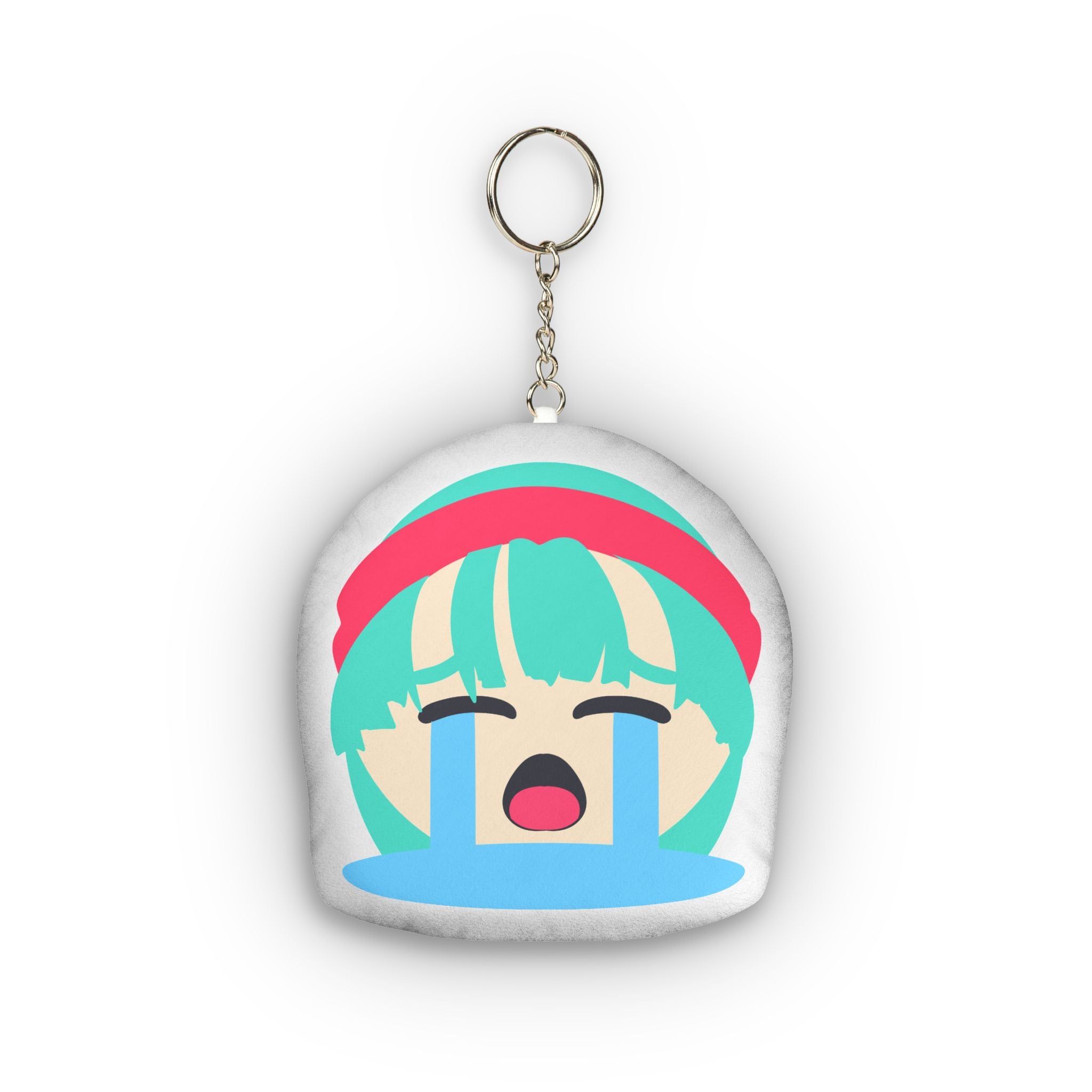 Adorable anime plush keychain featuring a teal-haired girl with red headband, eyes closed in intense pleasure, wide open mouth, massive streaming blue tears flooding down her face, flushed cheeks, and classic exaggerated ahegao crying expression on a soft rounded charm.