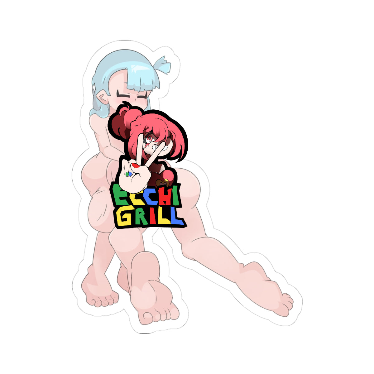 Blissful blue-haired futanari girl with closed eyes and flushed face during intense same-size cock vore, her thick veiny cock stretched massively as it swallows a full-sized female prey feet-first, prey's voluptuous lower body—plump ass, wide hips, thick thighs, and bare curling toes—still protruding from the urethral tip while her upper torso creates a huge internal bulge down the shaft and into swollen, heavy balls.