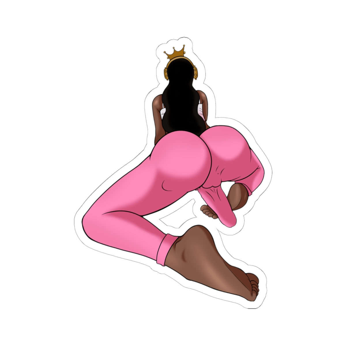 Curvy dark-skinned trans woman with gold crown and long black hair poses in arched doggystyle POV, wearing tight pink leggings with prominent thick cock bulge stretching the fabric, massive plump ass cheeks dominating the frame, thick thighs spread wide, brown soles visible from behind.