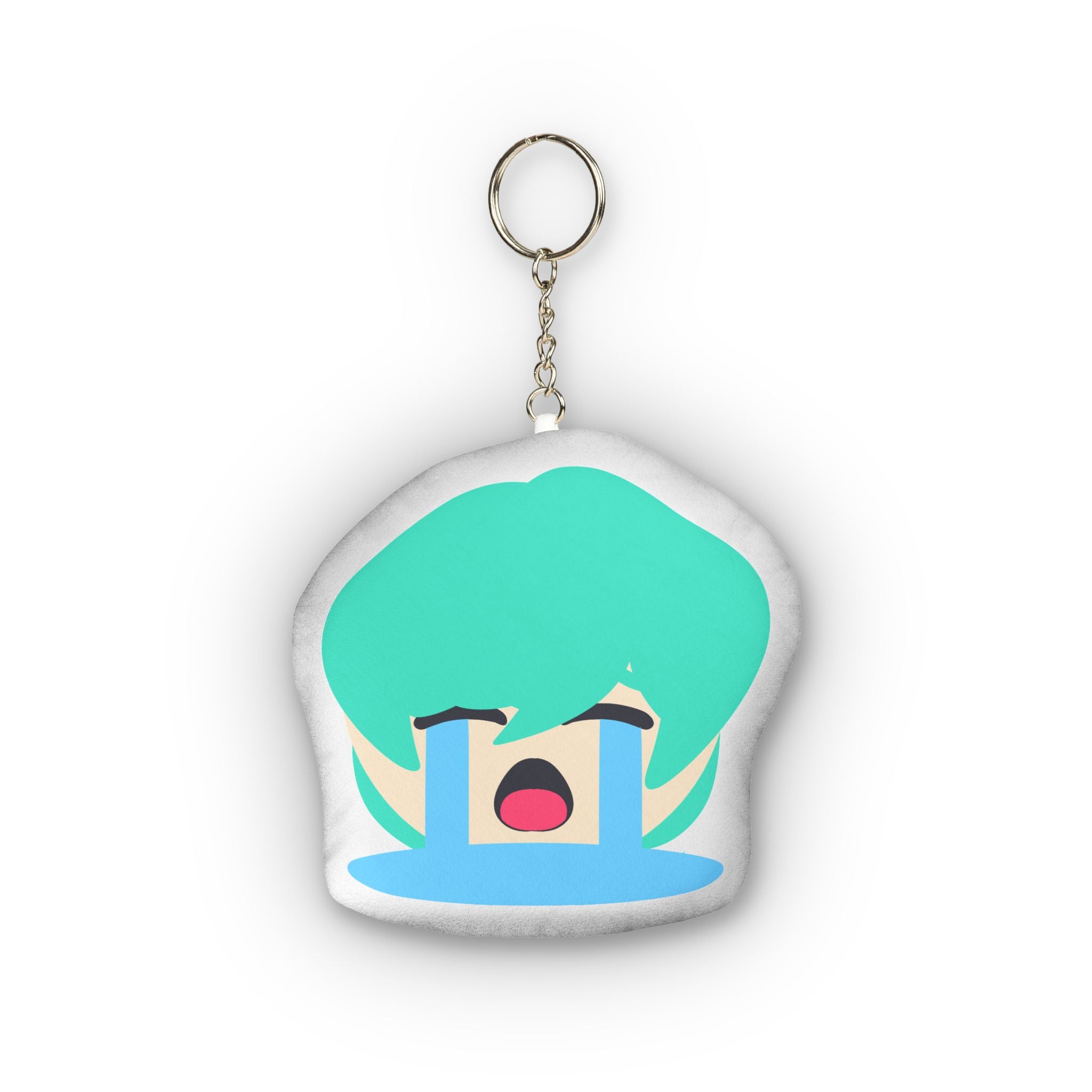 Adorable anime plush keychain featuring a girl with vibrant turquoise hair, eyes closed tight in ecstatic overload, wide open mouth, massive streaming blue tears pouring down her flushed cheeks, and exaggerated intense ahegao crying expression on a soft rounded pillow-shaped charm.