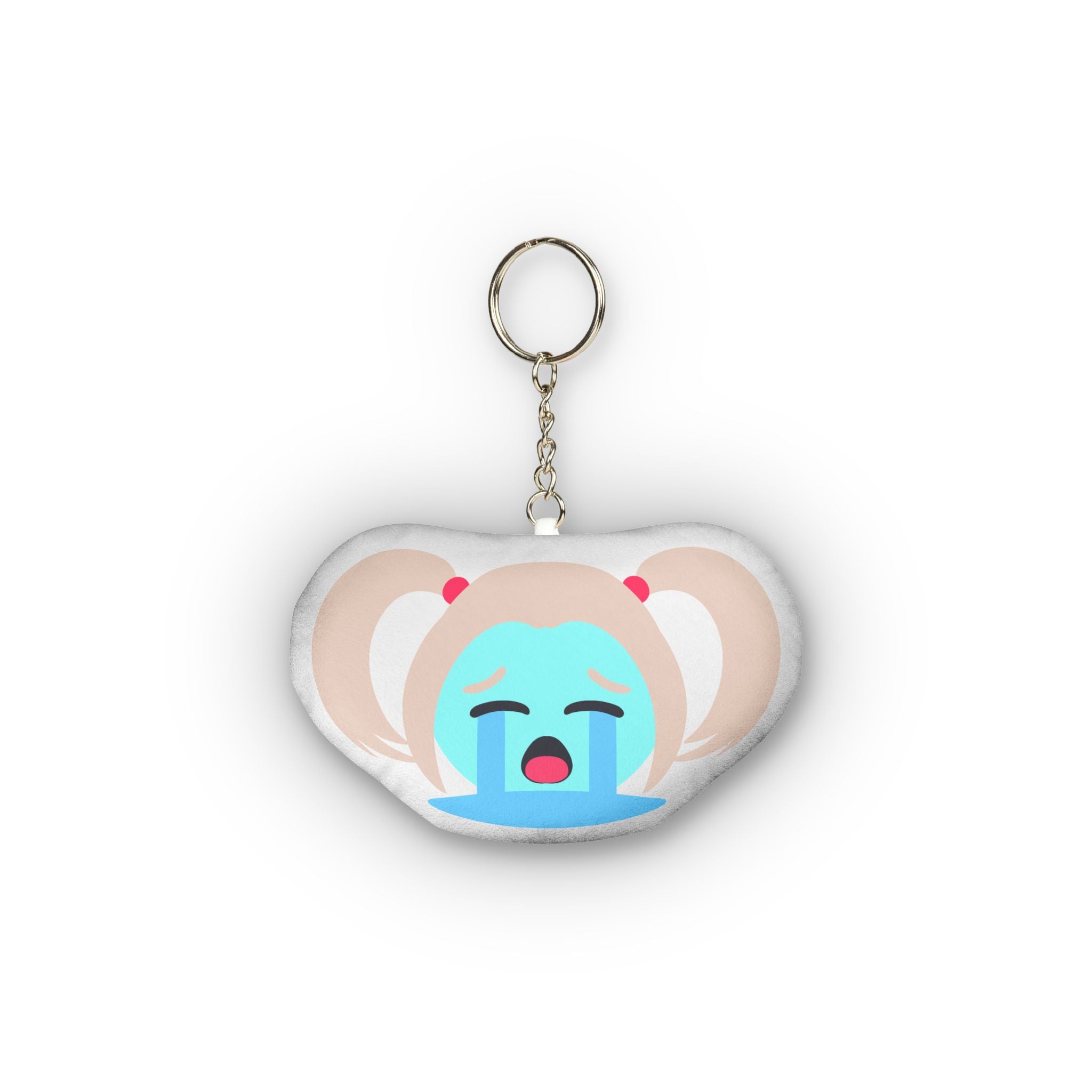 Cute anime plush keychain featuring a girl with twin light-brown ponytails tied with red ties, eyes squeezed shut in intense pleasure, wide open mouth, heavy cascading blue tears pouring down her flushed face, and classic exaggerated overwhelmed ahegao crying expression on a soft rounded pillow charm.