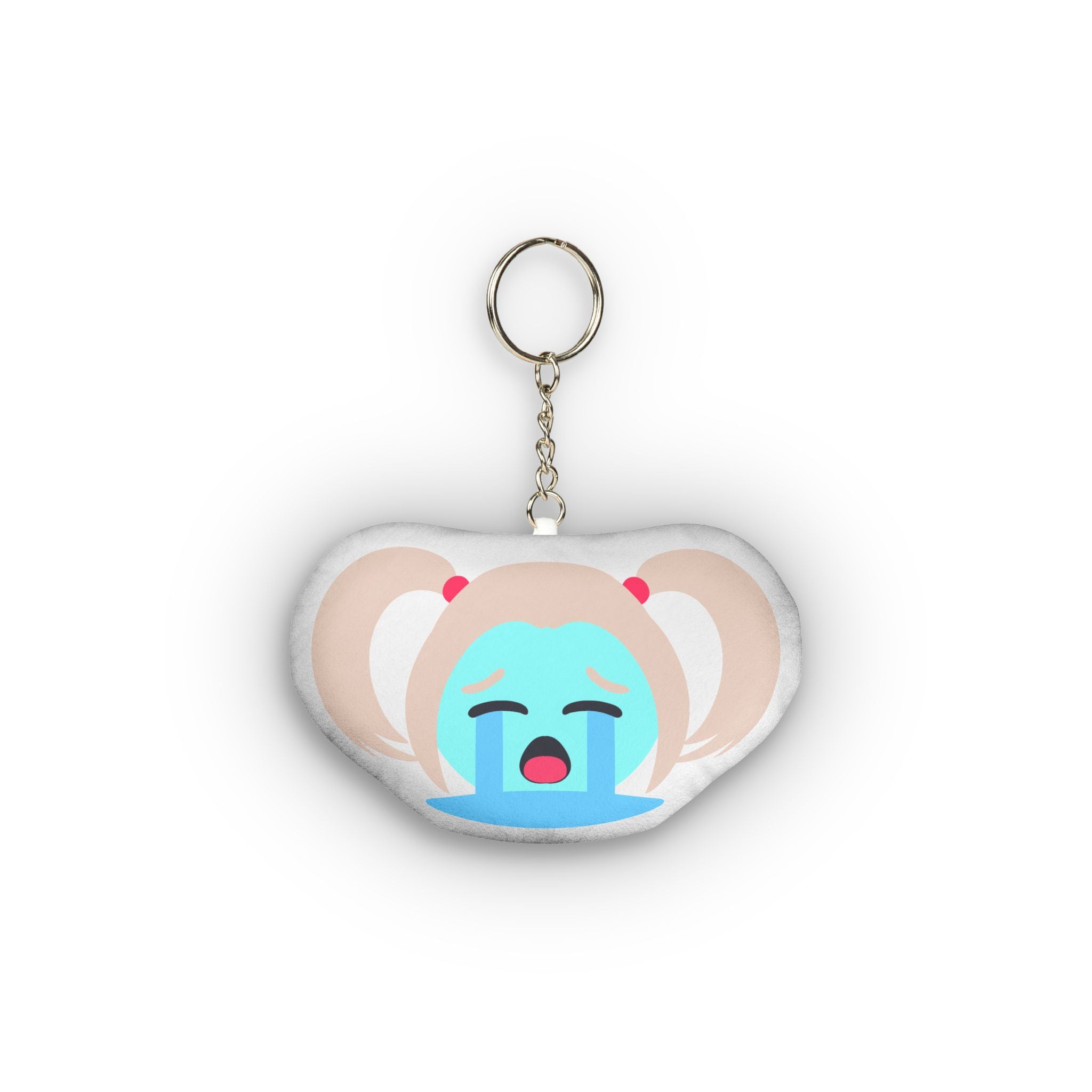 Cute anime plush keychain featuring a girl with twin light-brown ponytails tied with red ties, eyes squeezed shut in intense pleasure, wide open mouth, heavy cascading blue tears pouring down her flushed face, and classic exaggerated overwhelmed ahegao crying expression on a soft rounded pillow charm.