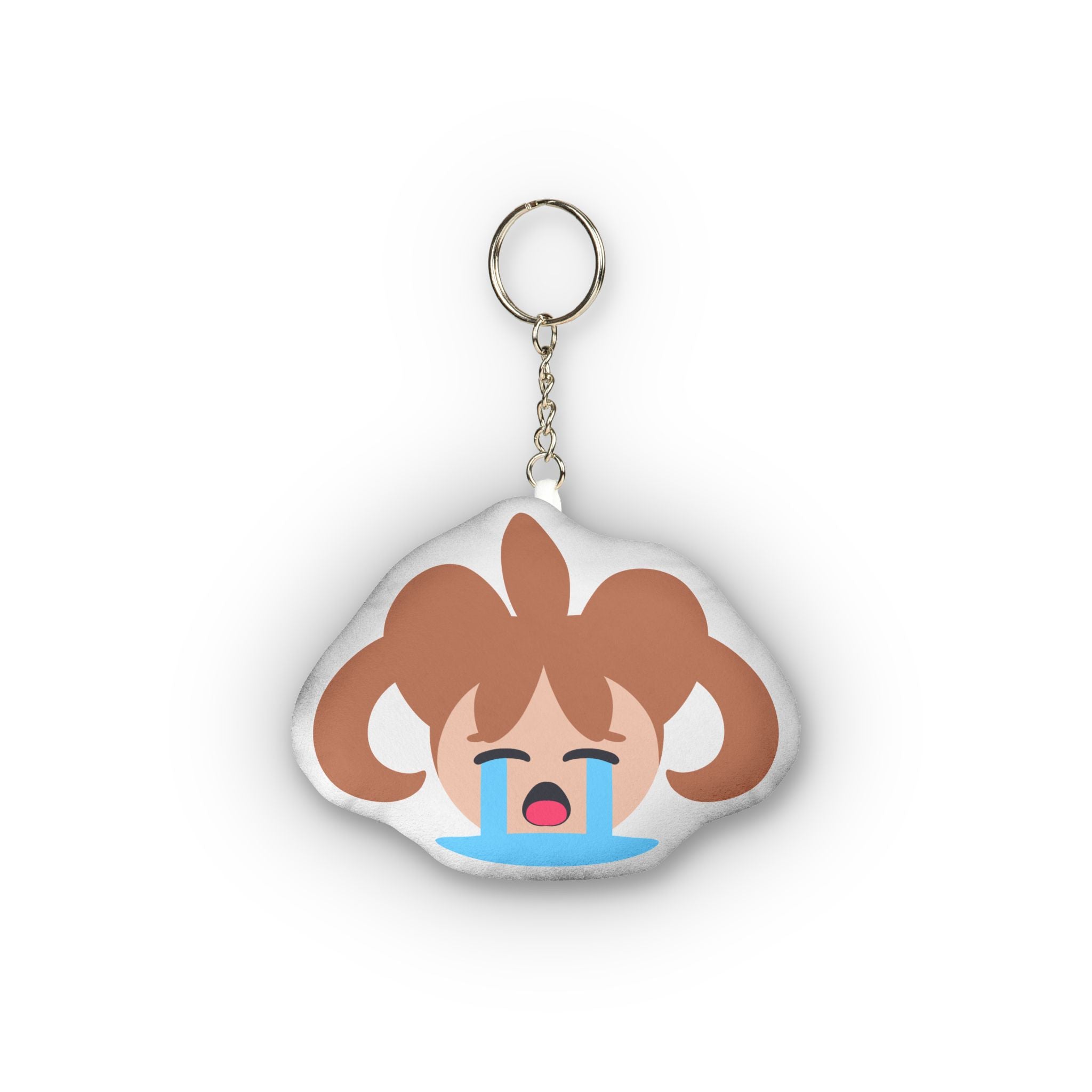 Cute anime girl plush keychain with twin brown pigtails, eyes squeezed shut in ecstasy, wide open mouth, heavy streaming blue tears, flushed cheeks, and intense overwhelmed ahegao crying expression on a soft rounded pillow charm.