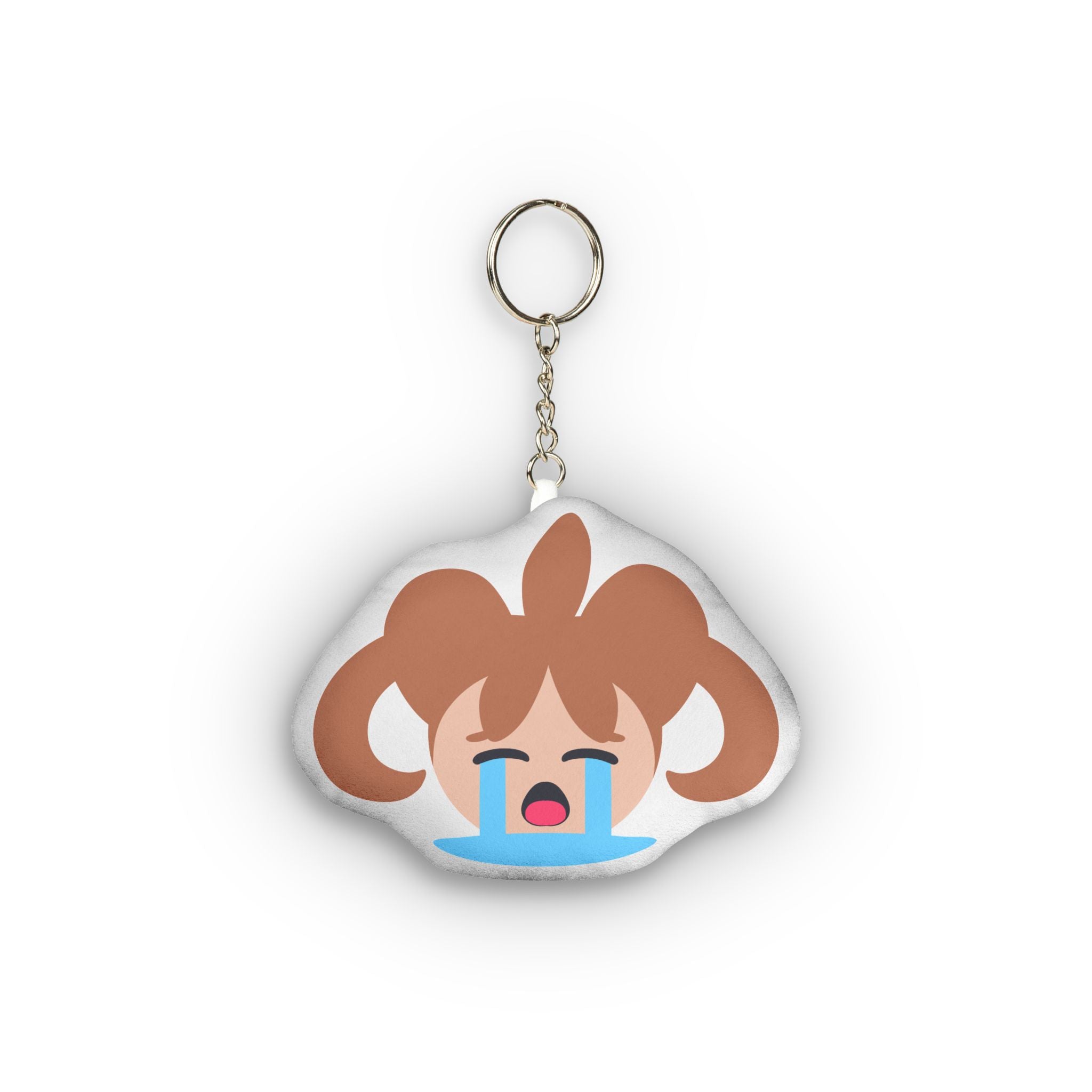 Cute anime girl plush keychain with twin brown pigtails, eyes squeezed shut in ecstasy, wide open mouth, heavy streaming blue tears, flushed cheeks, and intense overwhelmed ahegao crying expression on a soft rounded pillow charm.