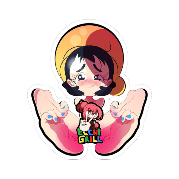 Evil-grinning black-haired loli in micro red dress, tongue out and tears of laughter in her eyes, bare soft soles clamped tight in merciless double footjob but completely still, blue toenails digging in, cockhead swollen and dripping while she waits for total verbal surrender.