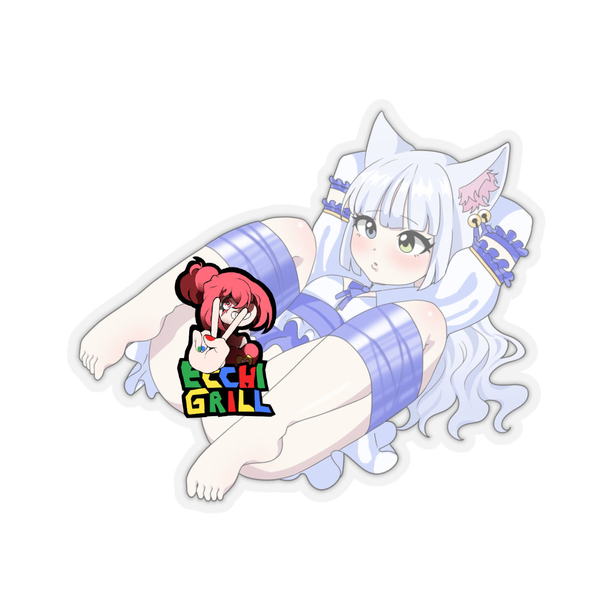 Chibi white-haired catgirl with fluffy ears and green eyes, blushing while crawling in blue rope bondage, tiny dress hiked up to expose her bare pink pussy and ass, tail twitching helplessly